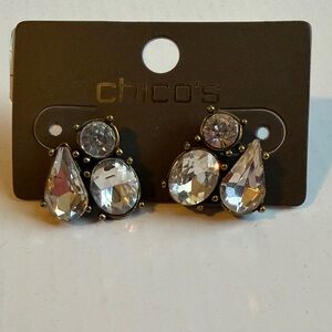 Chico’s Crystal Statement Stud Earrings Gold Tone Clear Rhinestone Teardrop